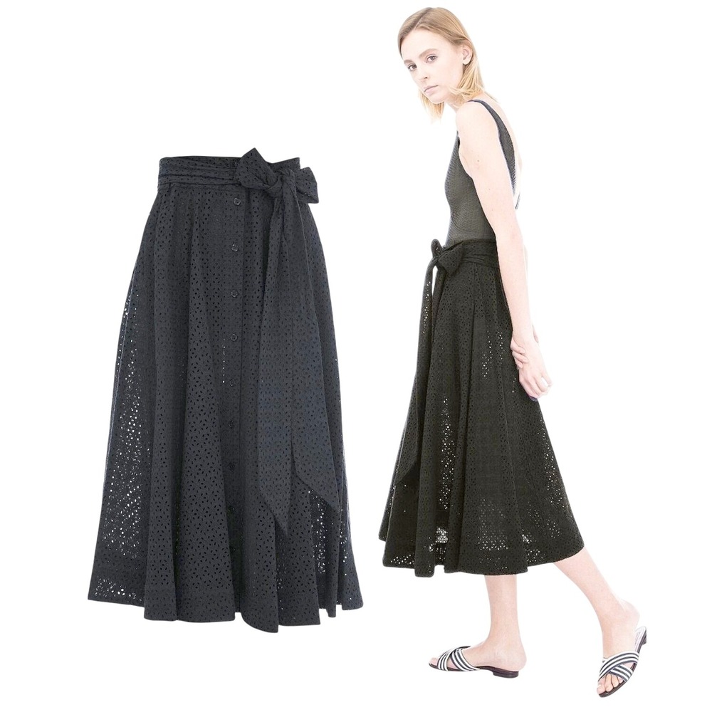 Lisa Marie Fernandez‎ Belted Button Front Eyelet Midi Skirt Black Size S